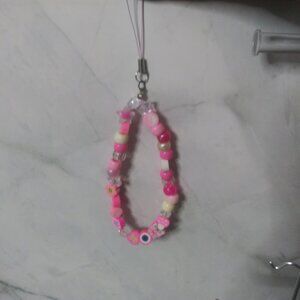Pink Kawaii Beaded Phone Charm Strap with Flower, Smiley, and Butterfly Charms